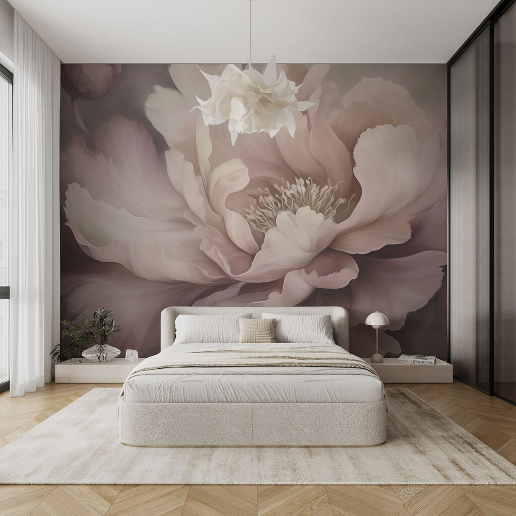 Peonía rosa en penumbra en un interior