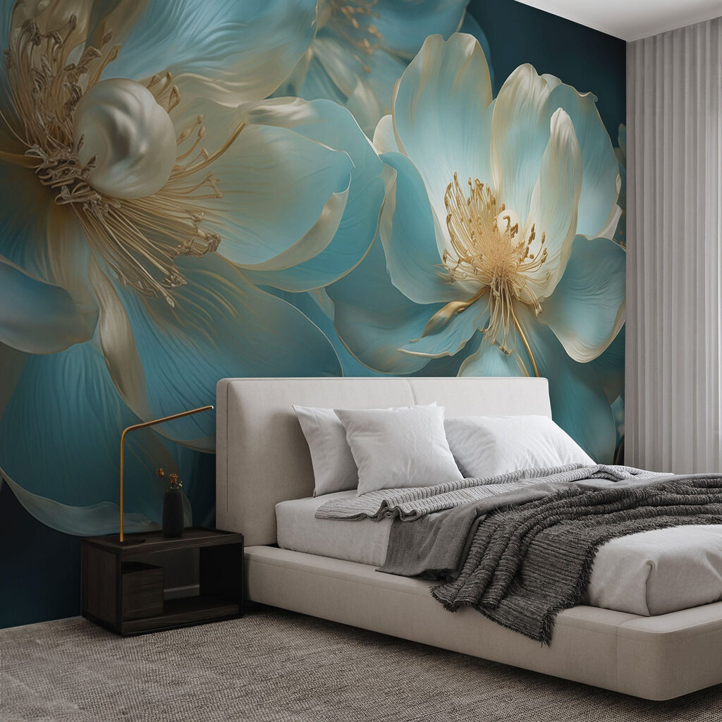 Flores turquesas con oro en un interior