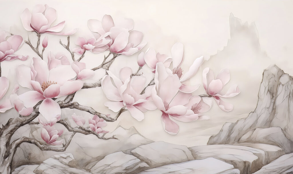 Magnolia rosa sobre montañas — diseño completo