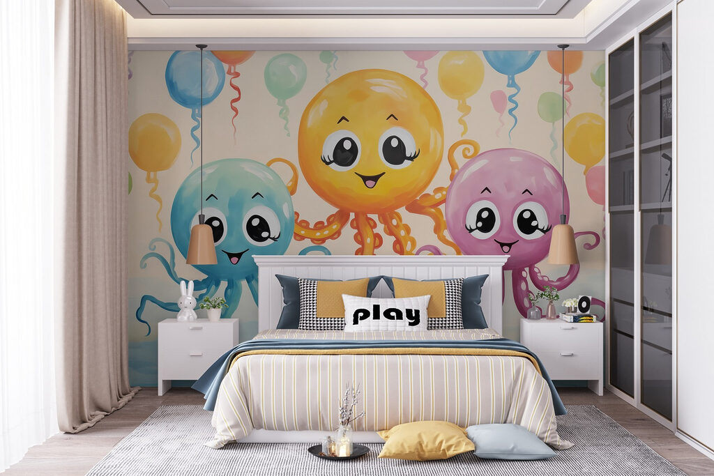Tres pulpos entre globos — interior 1