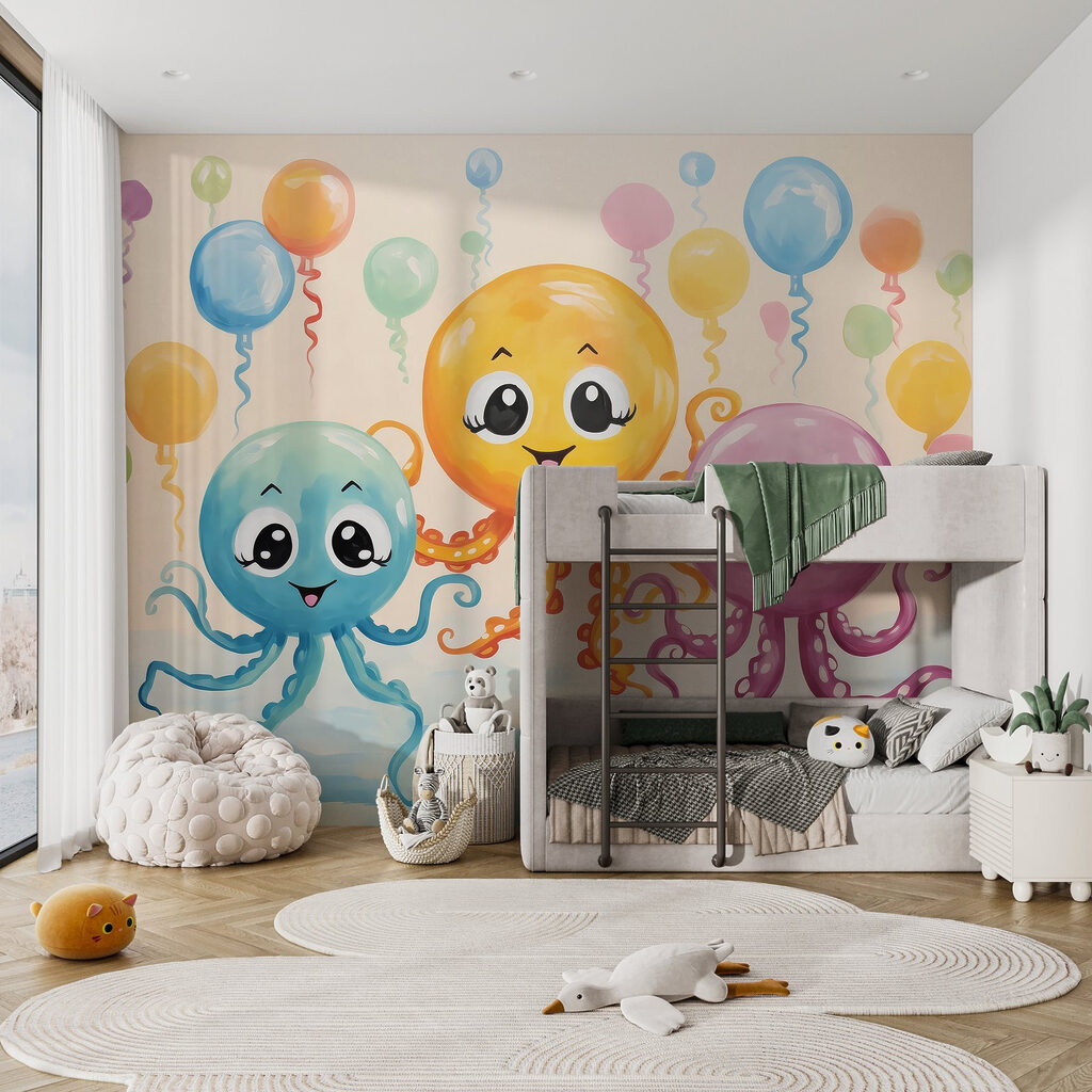Tres pulpos entre globos — interior 3