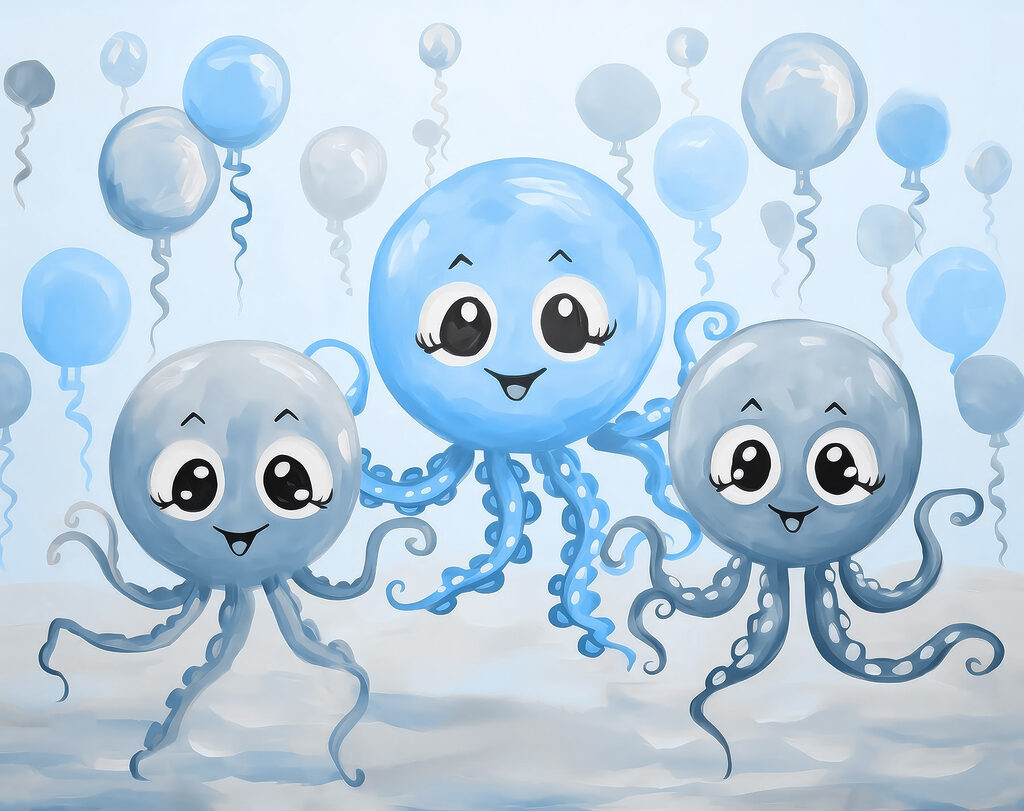 Tres pulpos entre globos — diseño completo