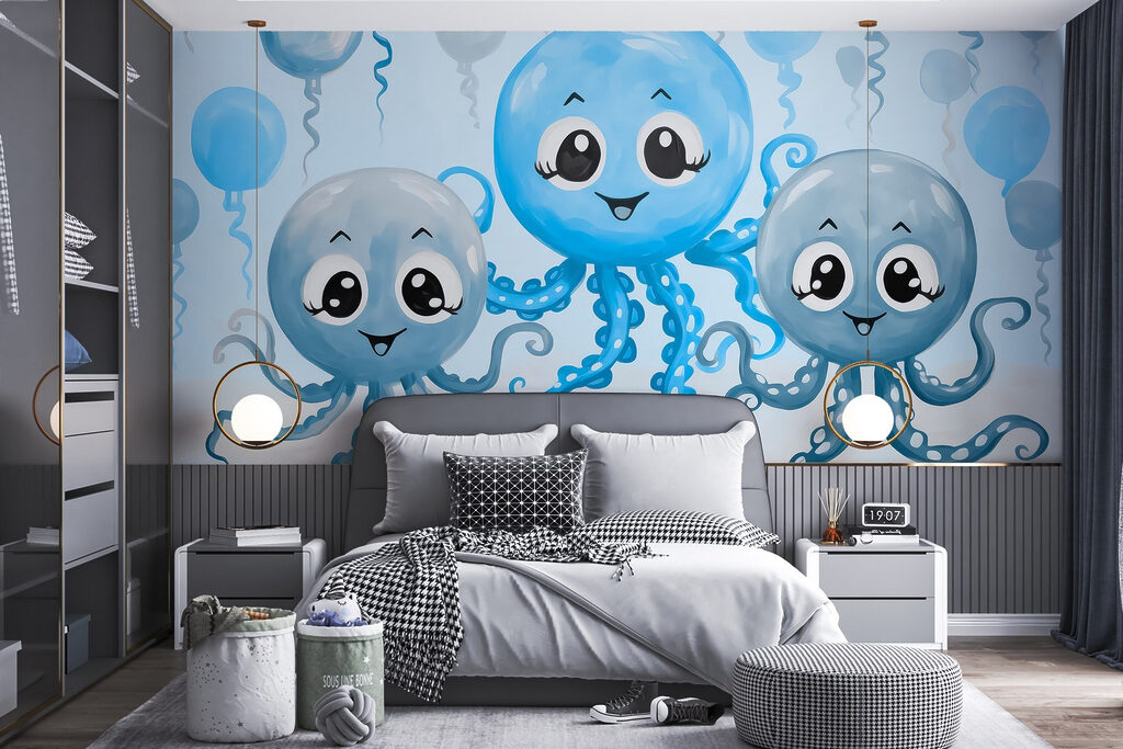 Tres pulpos entre globos — interior 1