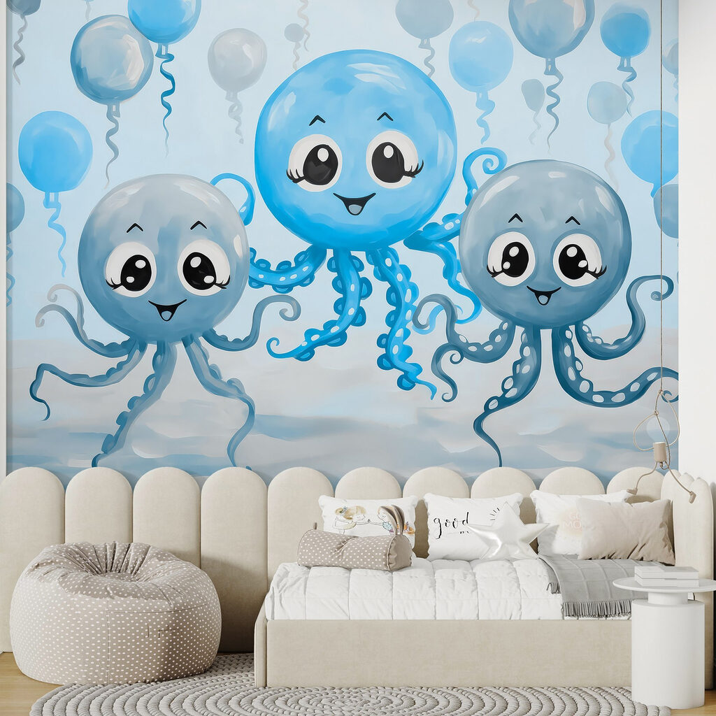 Tres pulpos entre globos — interior 2