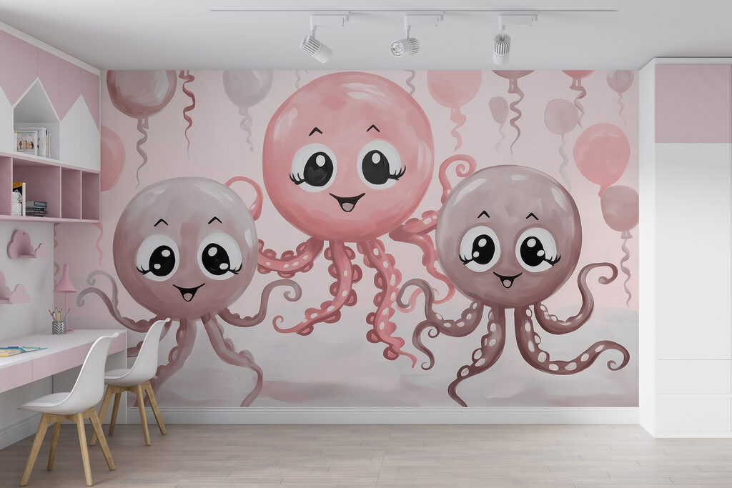 Tres pulpos entre globos — interior 1