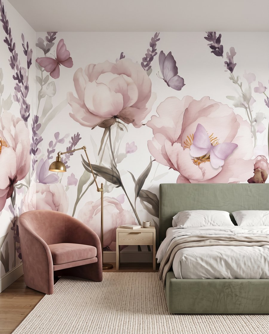 Mariposas sobre tallos florales en un interior