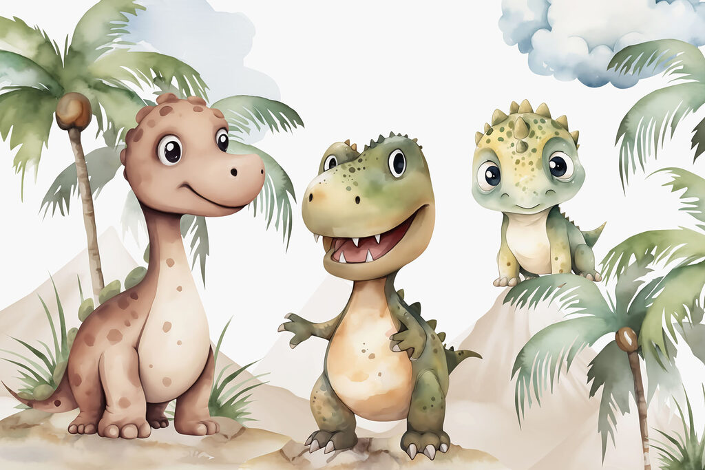Tres dinosaurios bajo palmeras — diseño completo