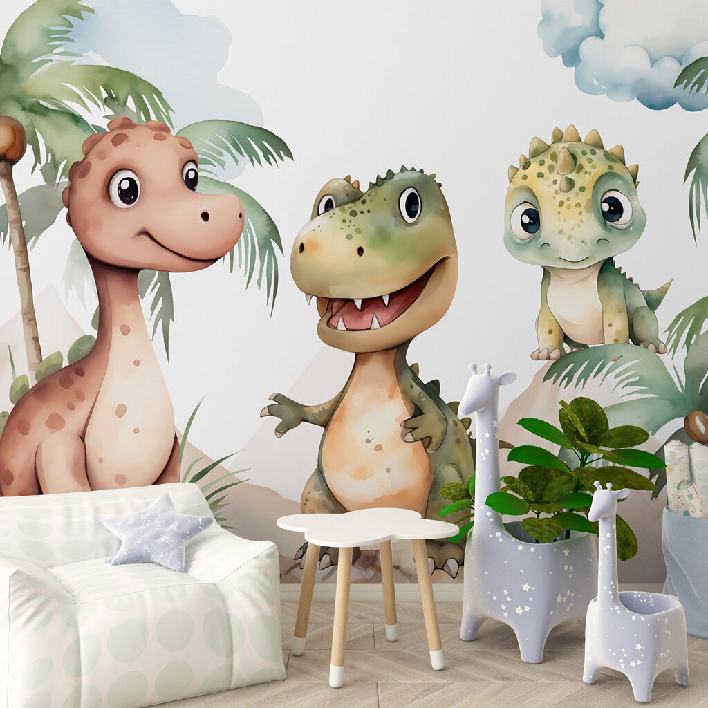 Tres dinosaurios bajo palmeras en un interior