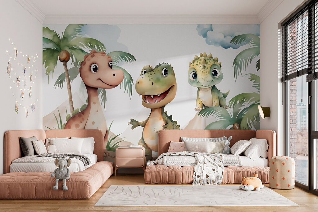 Tres dinosaurios bajo palmeras — interior 2