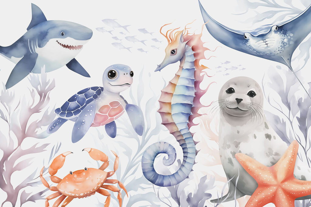 Animales marinos entre corales — diseño completo
