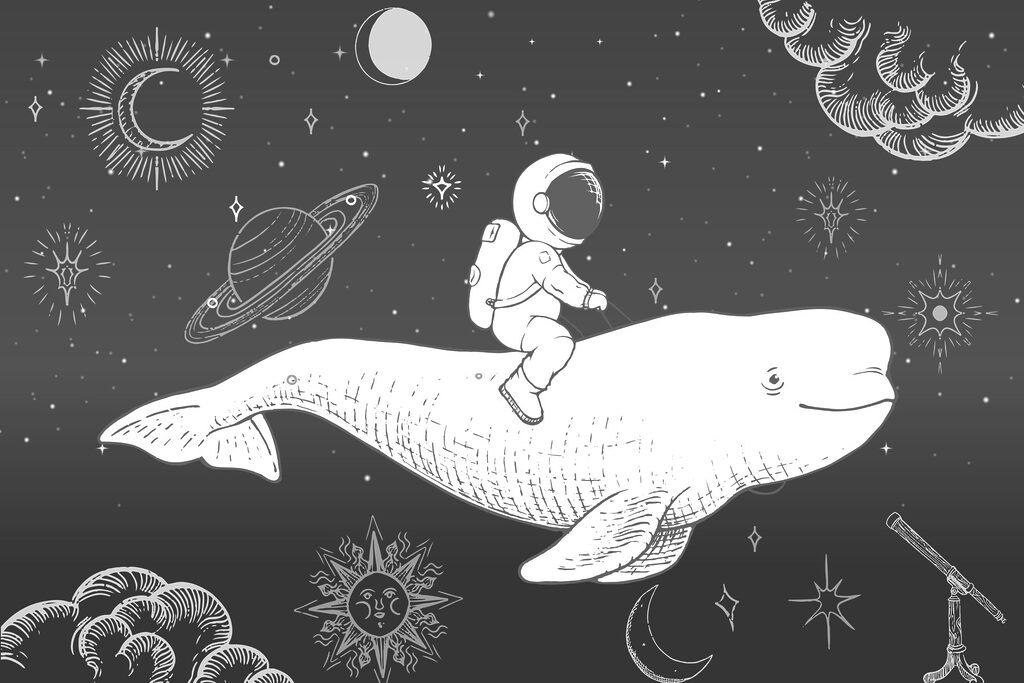 Astronauta sobre ballena espacial — diseño completo