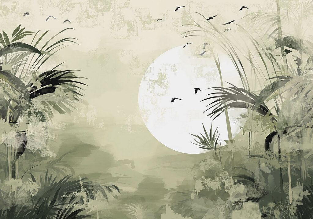 Luna entre palmeras tropicales — diseño completo