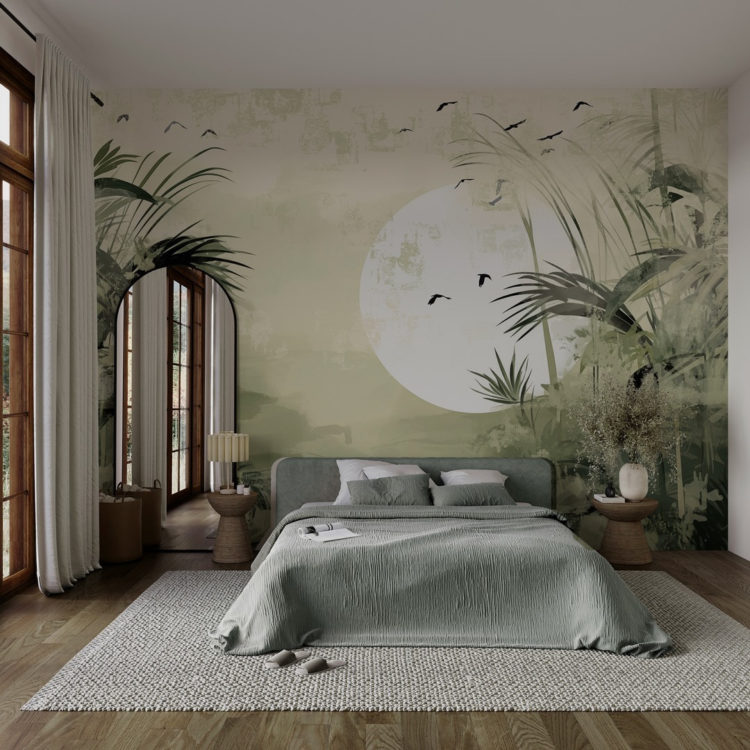 Luna entre palmeras tropicales en un interior