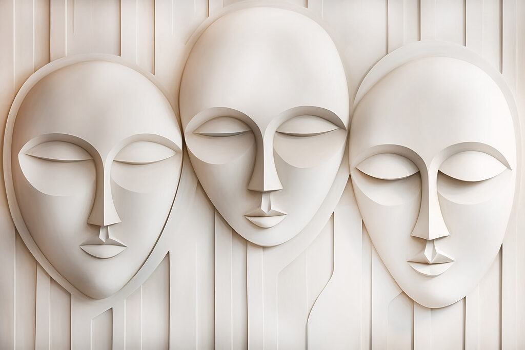 Tres máscaras blancas — diseño completo