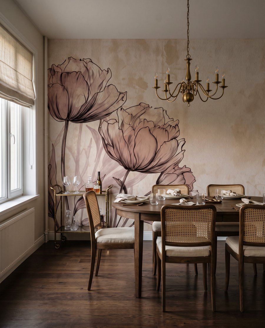 Flores dibujadas en beige en un interior