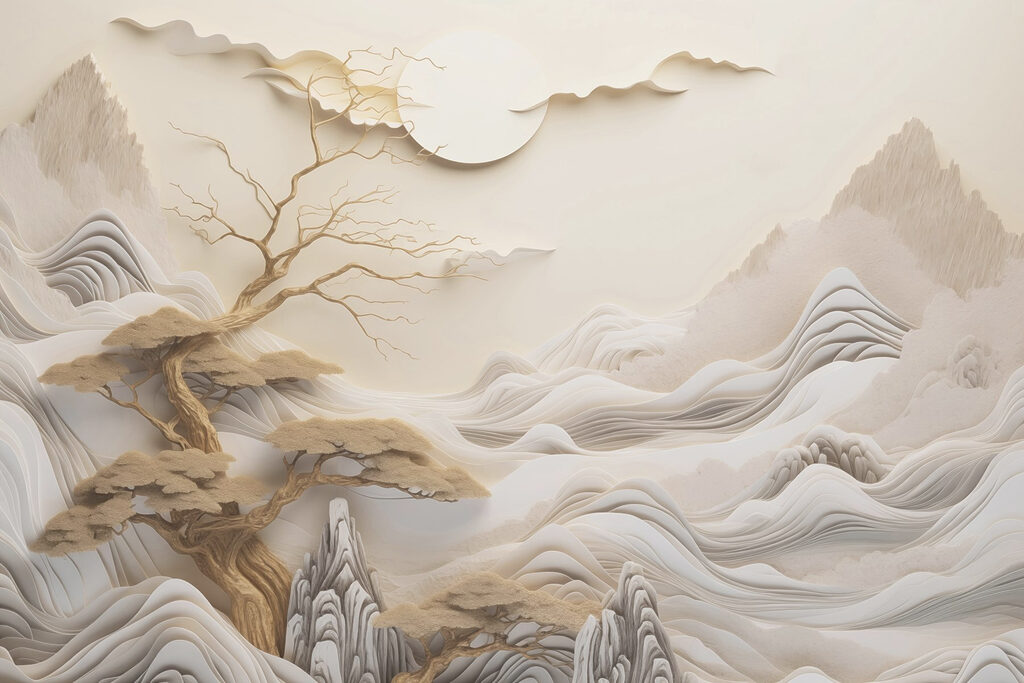 Árbol dorado entre montañas — diseño completo