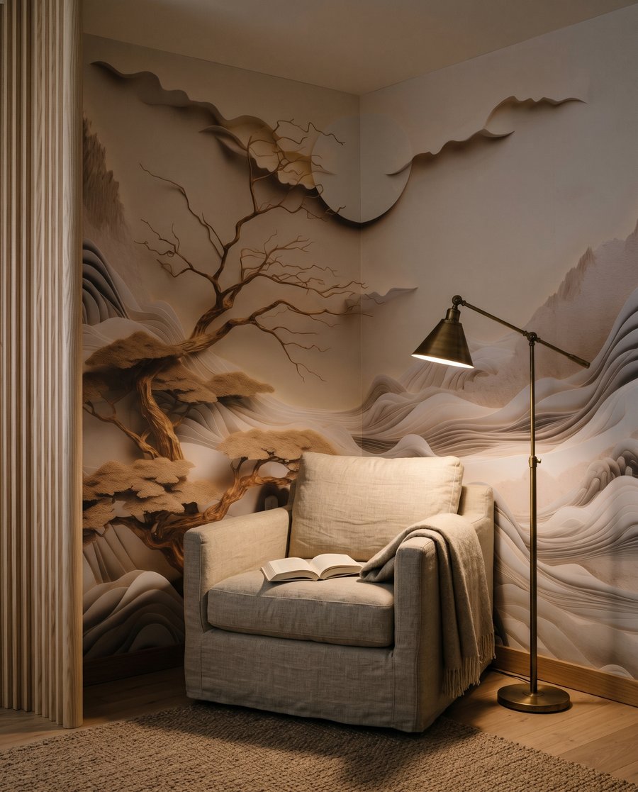 Árbol dorado entre montañas en un interior