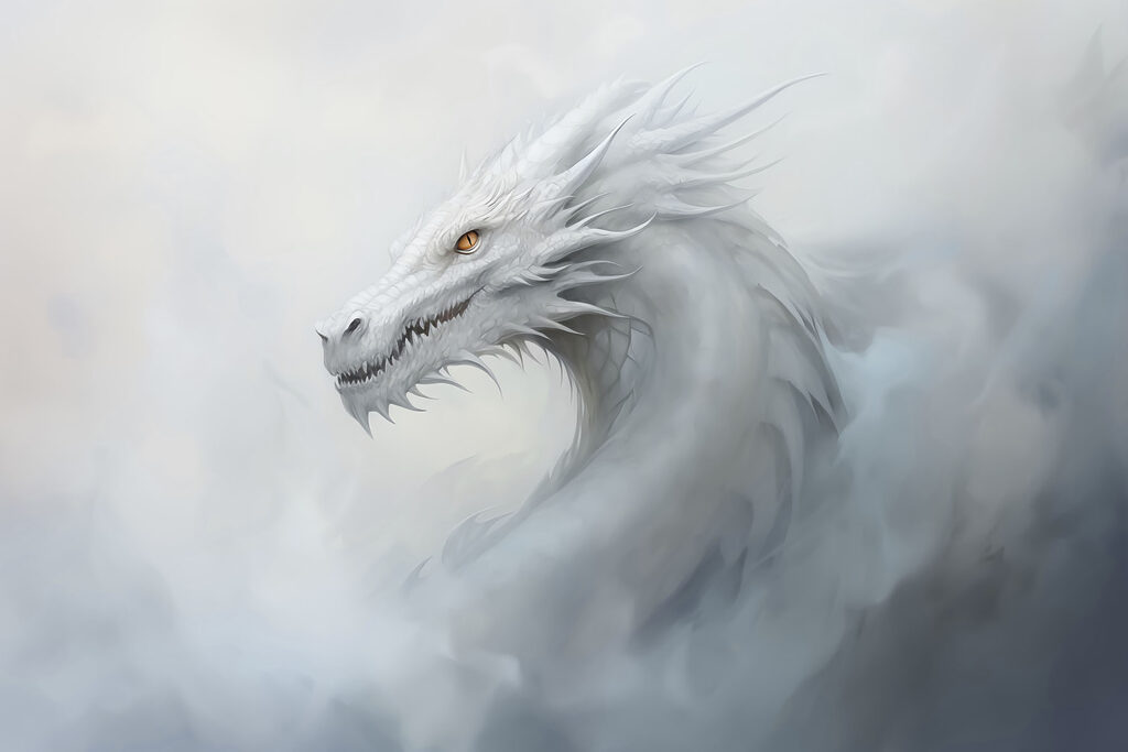 Dragón blanco en niebla — diseño completo