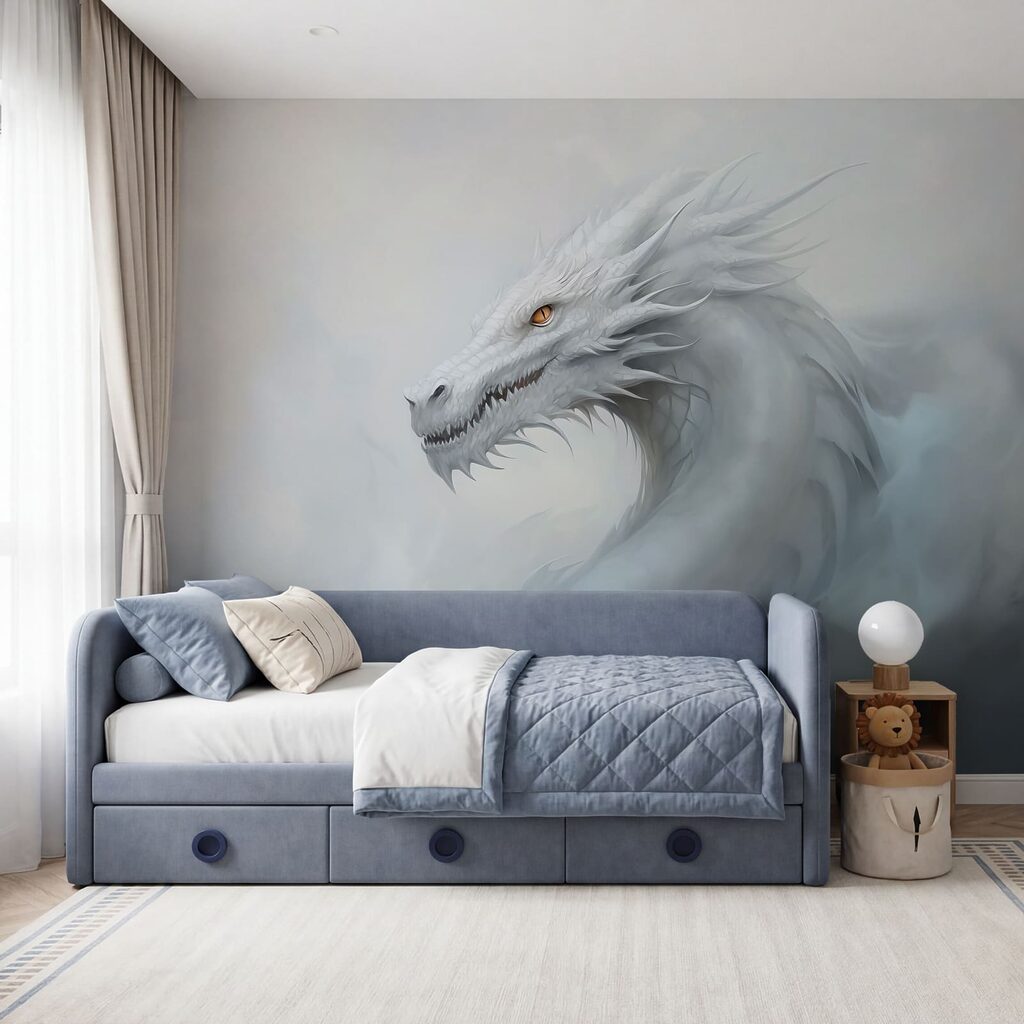 Dragón blanco en niebla en un interior