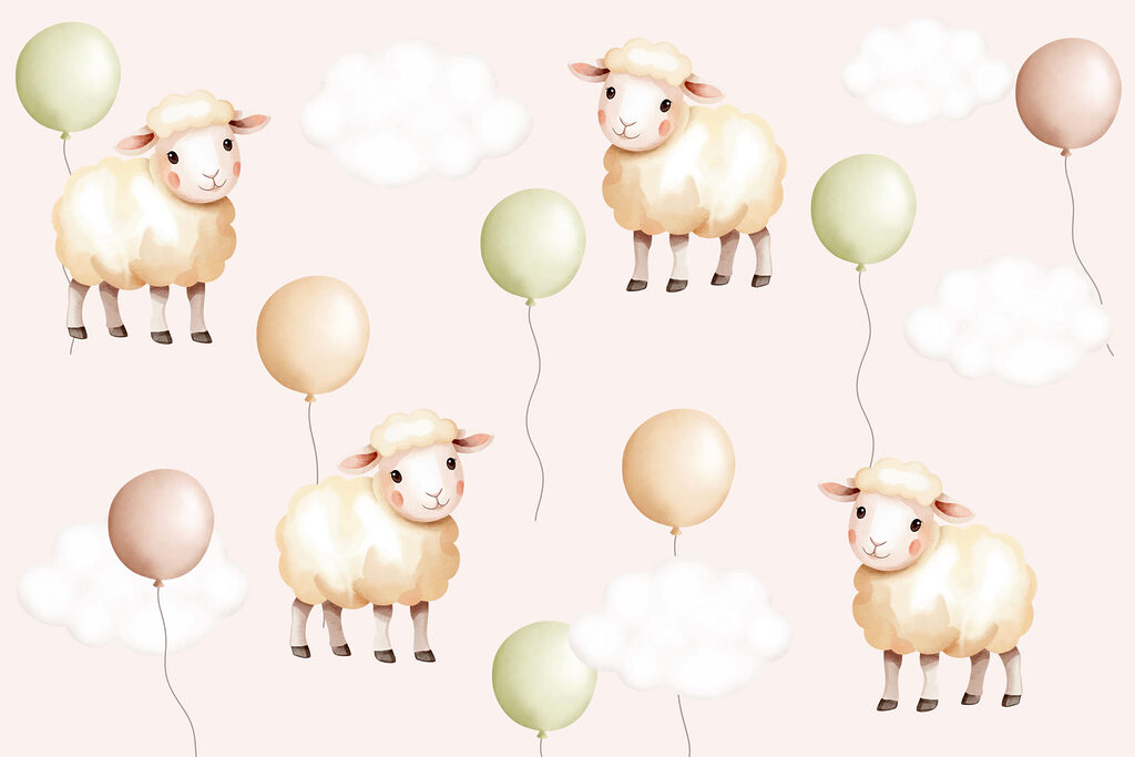 Ovejas entre globos suaves — diseño completo