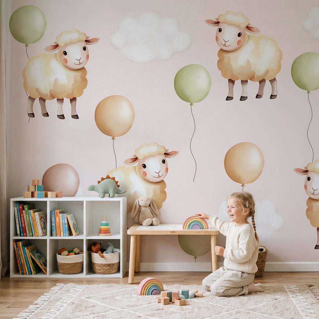 Ovejas entre globos suaves — interior 1