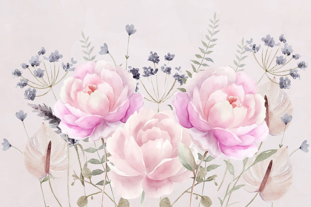 Peonías rosas entre flores — diseño completo