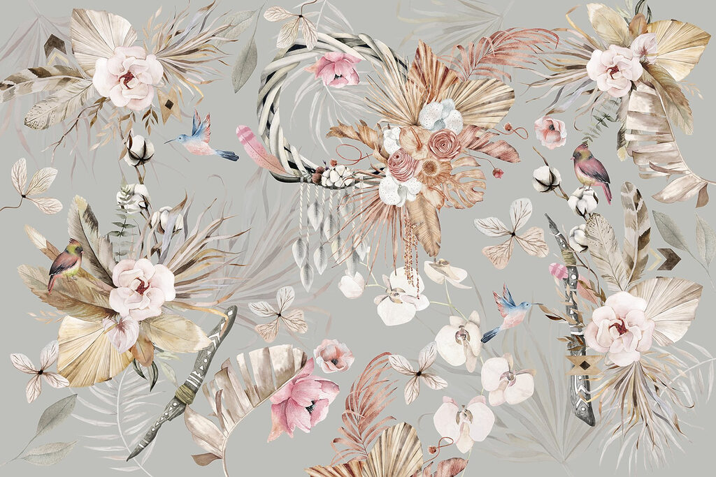 Flores con aves elegantes — diseño completo
