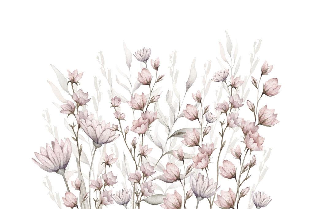 Flores rosas sobre blanco — diseño completo