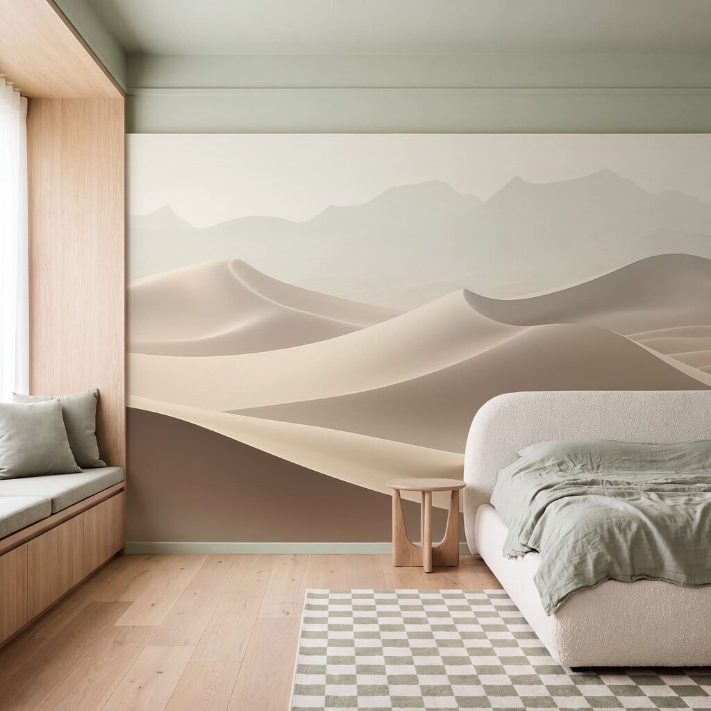 Dunas bajo montañas pálidas en un interior