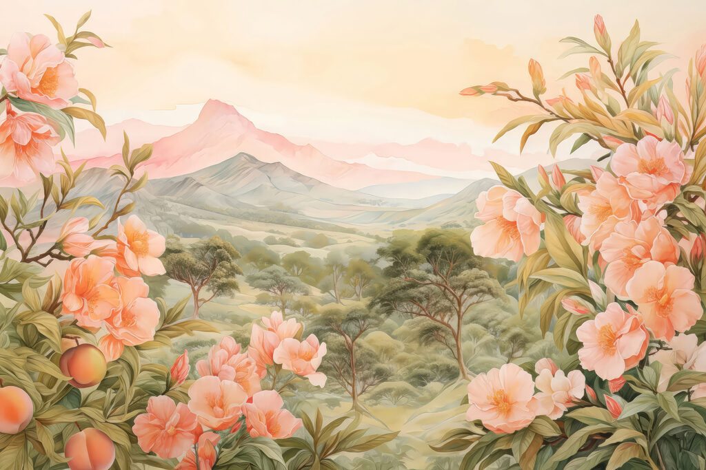 Flores rosas ante montañas — diseño completo