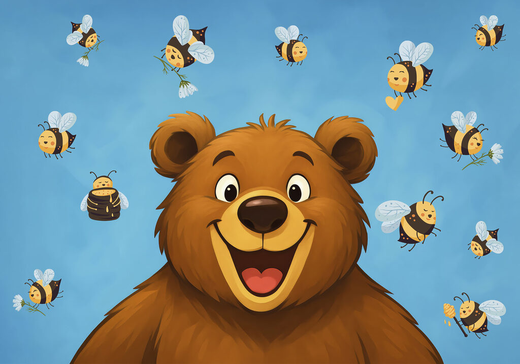 Oso entre alegres abejas — diseño completo