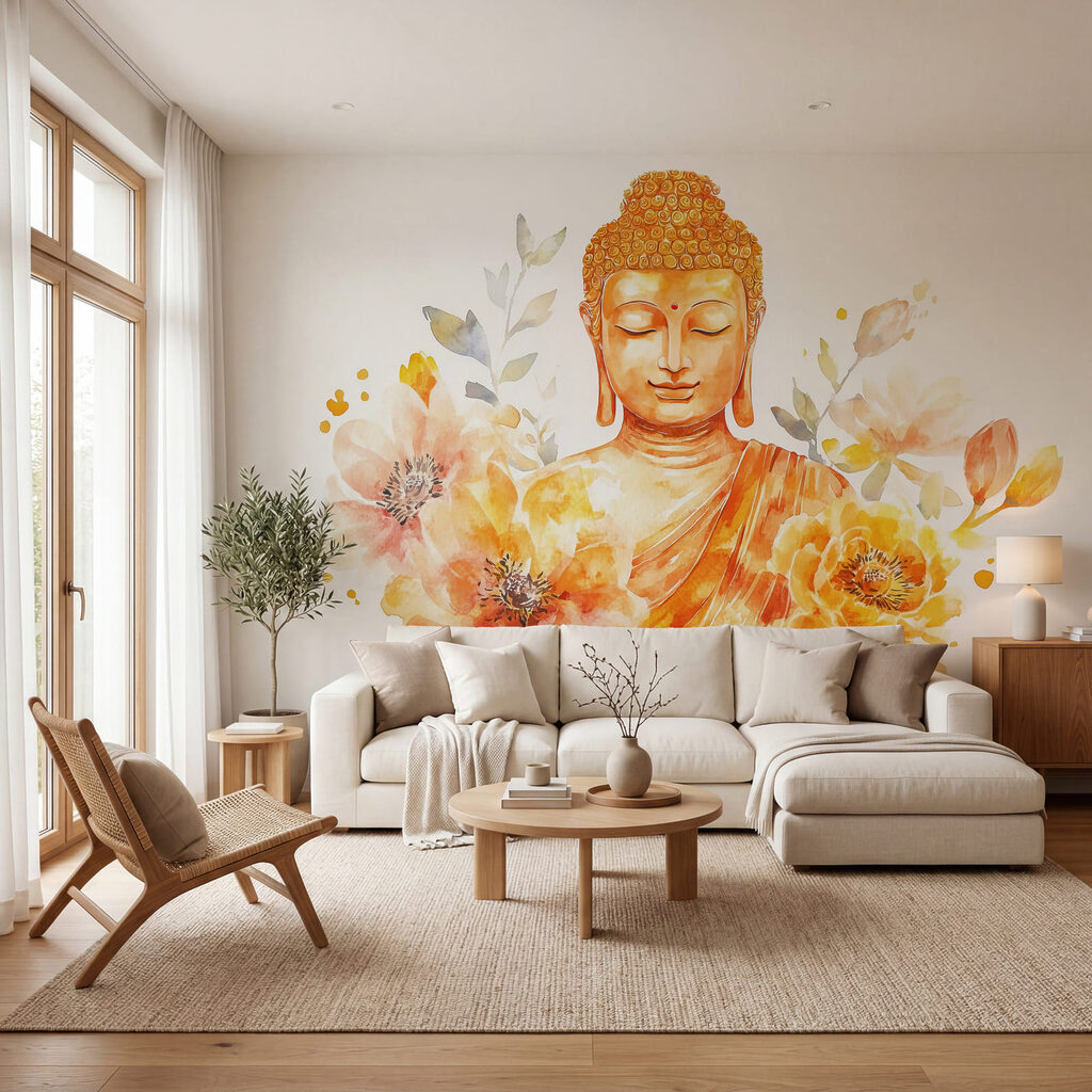 Buda entre flores en un interior