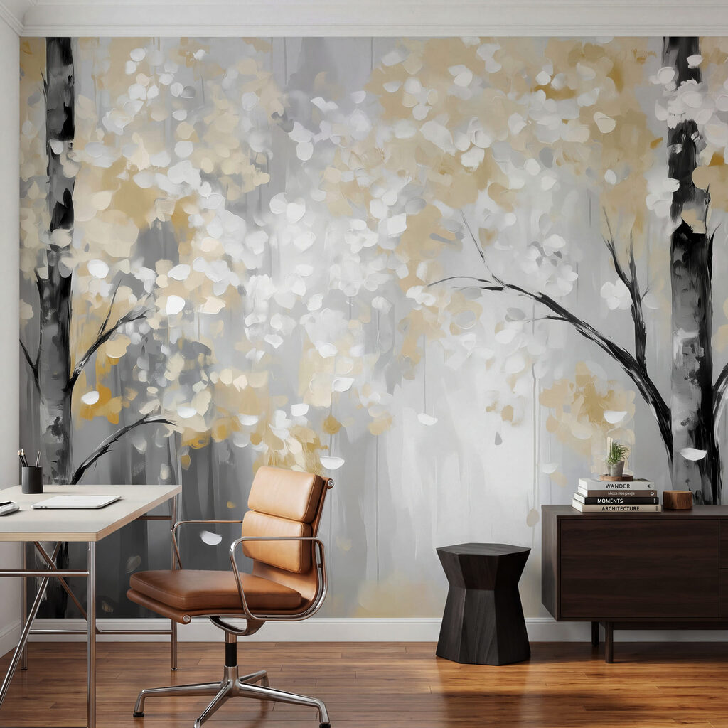 Flores claras entre troncos — interior 3