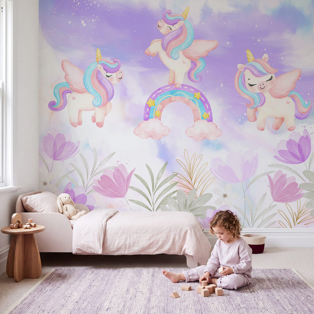 Unicornios bajo el arcoíris en un interior