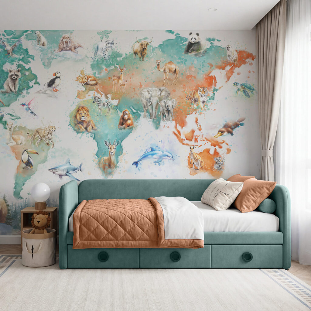 Mapa vivo con animales en un interior