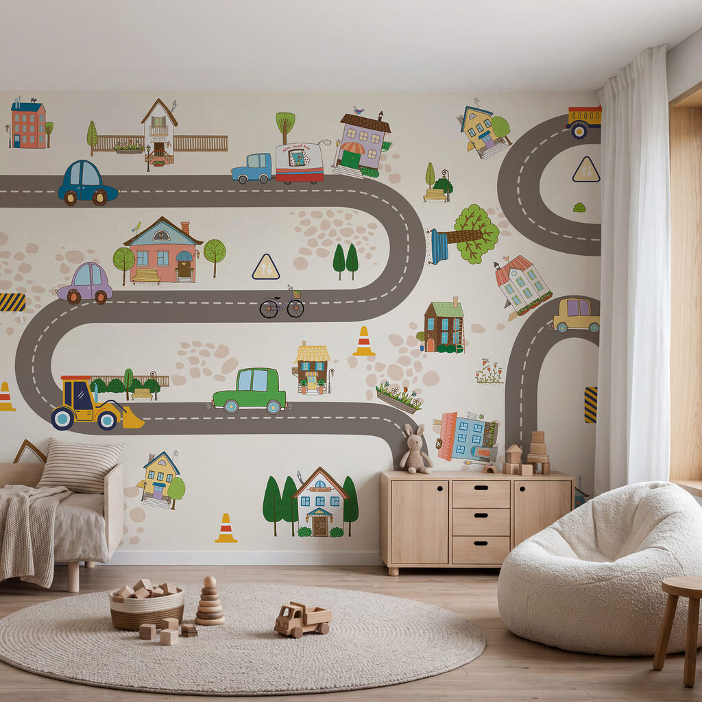 Coches por el pueblo en un interior