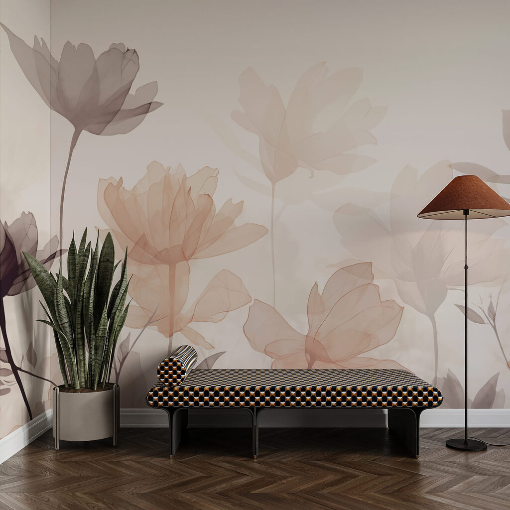 Flores en capas transparentes en un interior