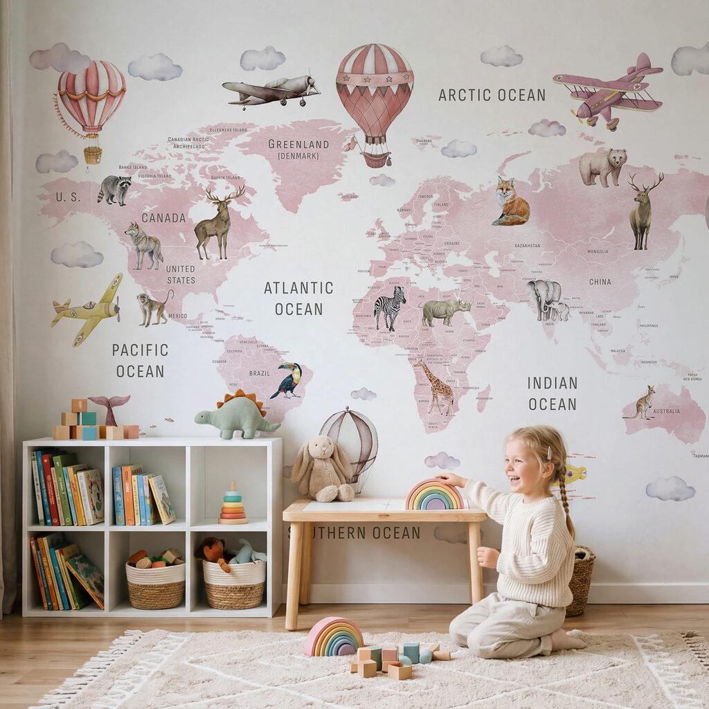 Mapa mundial con globos en un interior