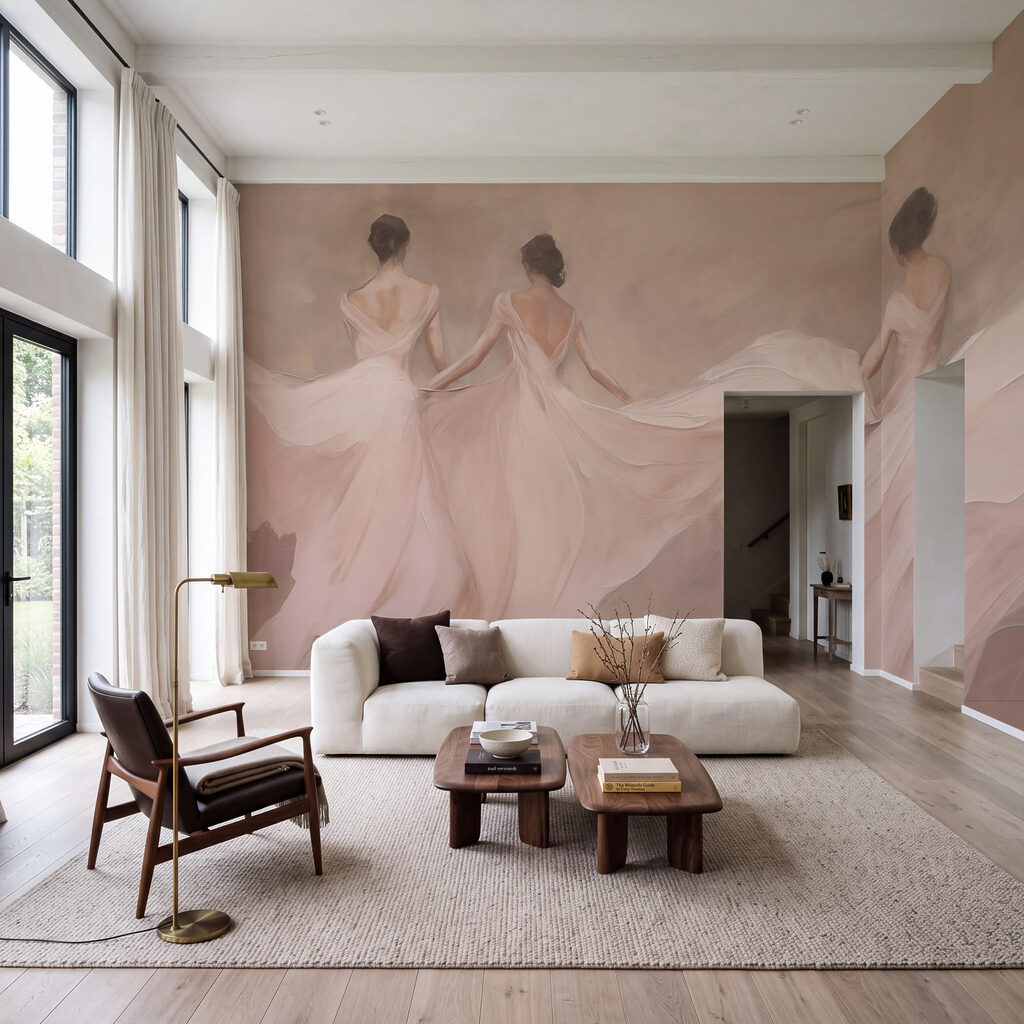Tres bailarinas en rosa en un interior