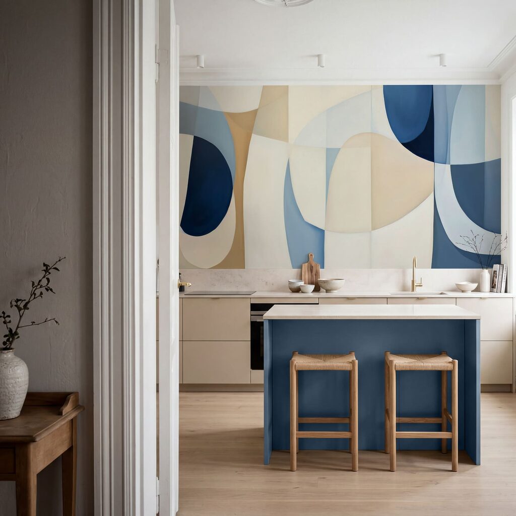 Arcos azules sobre crema en un interior