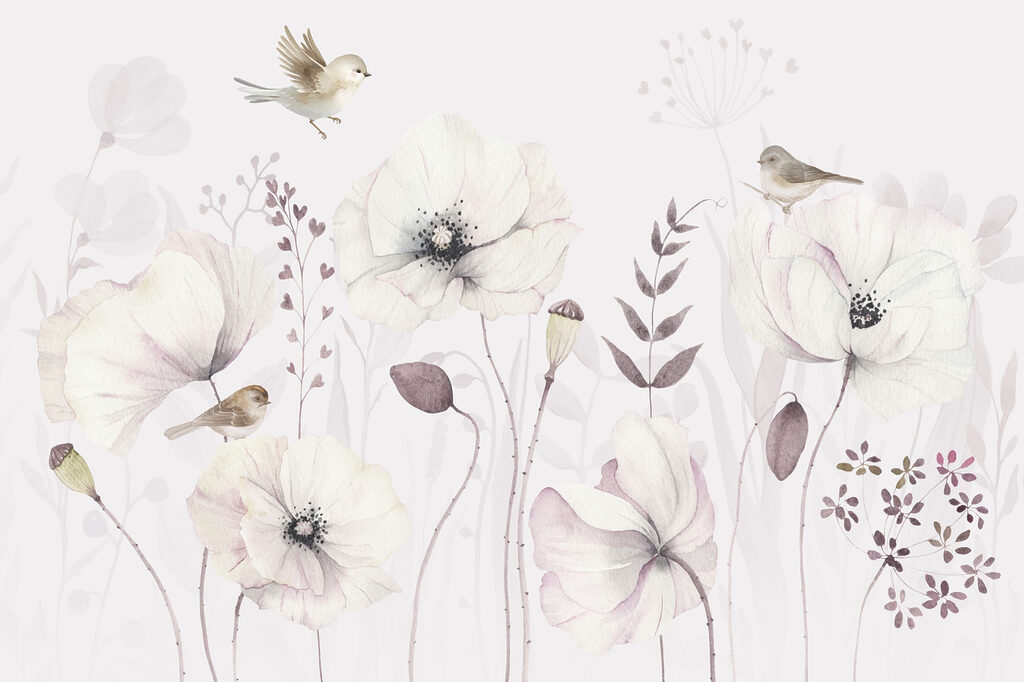 Pájaros entre flores pálidas — diseño completo