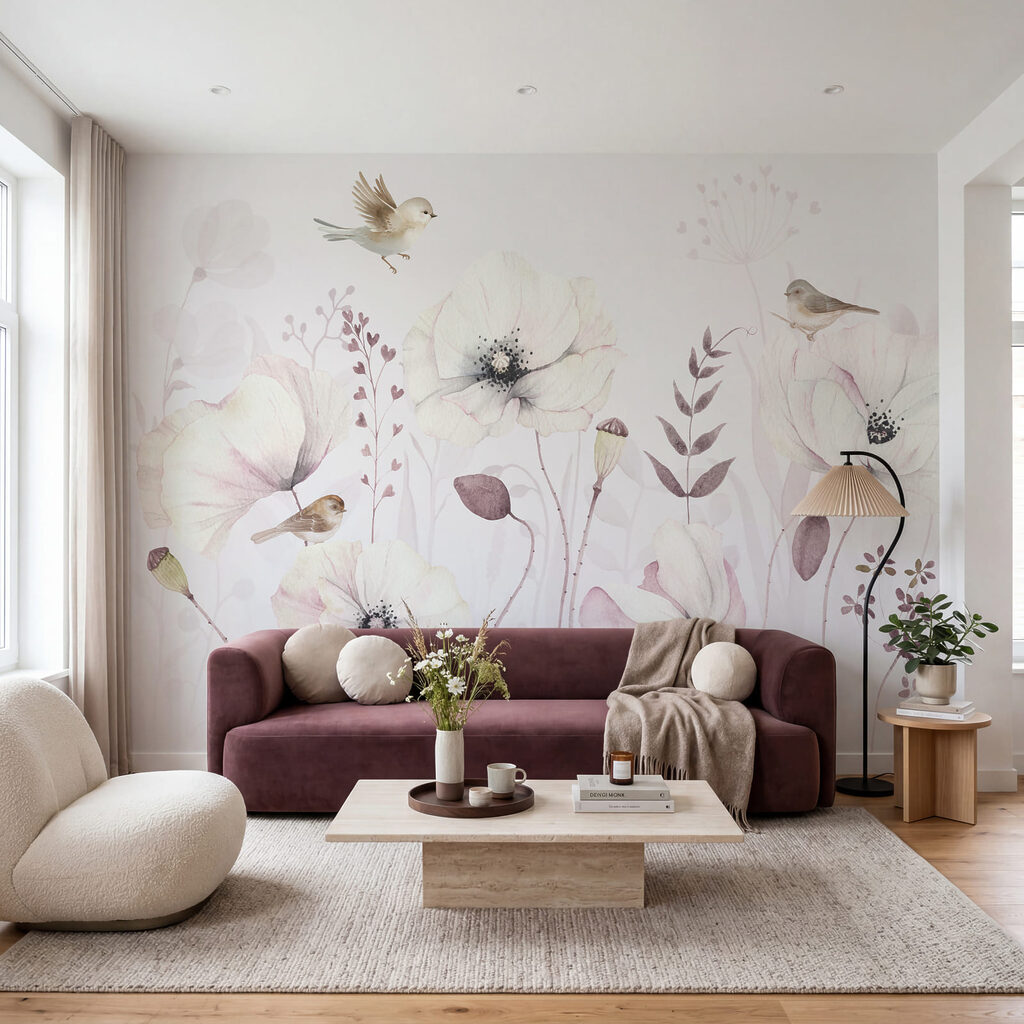 Pájaros entre flores pálidas en un interior