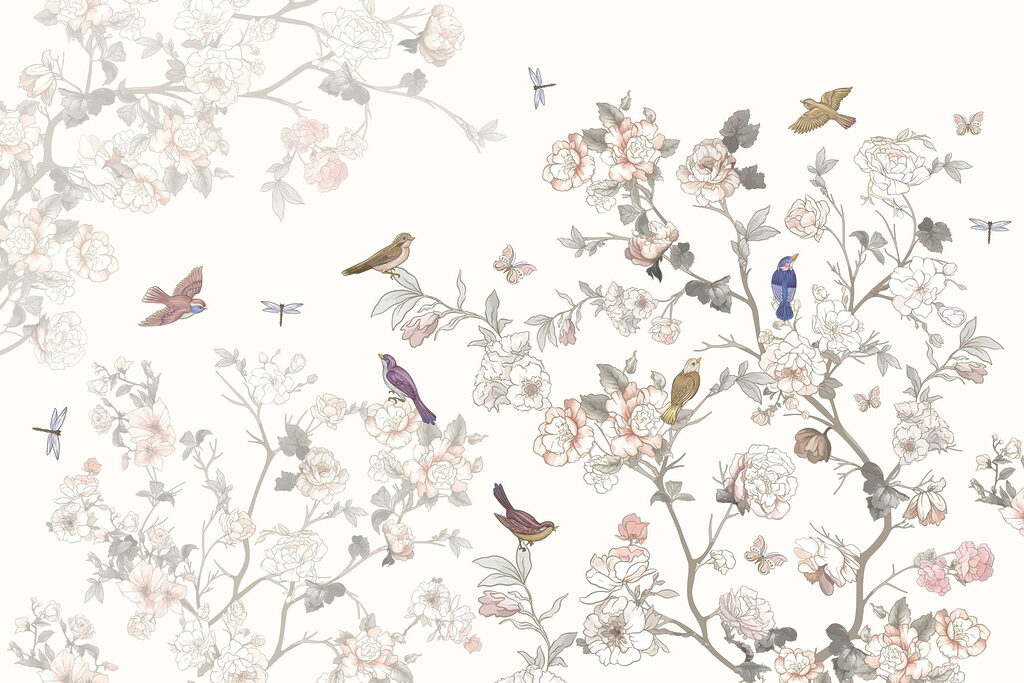 Pájaros entre trazos florales — diseño completo