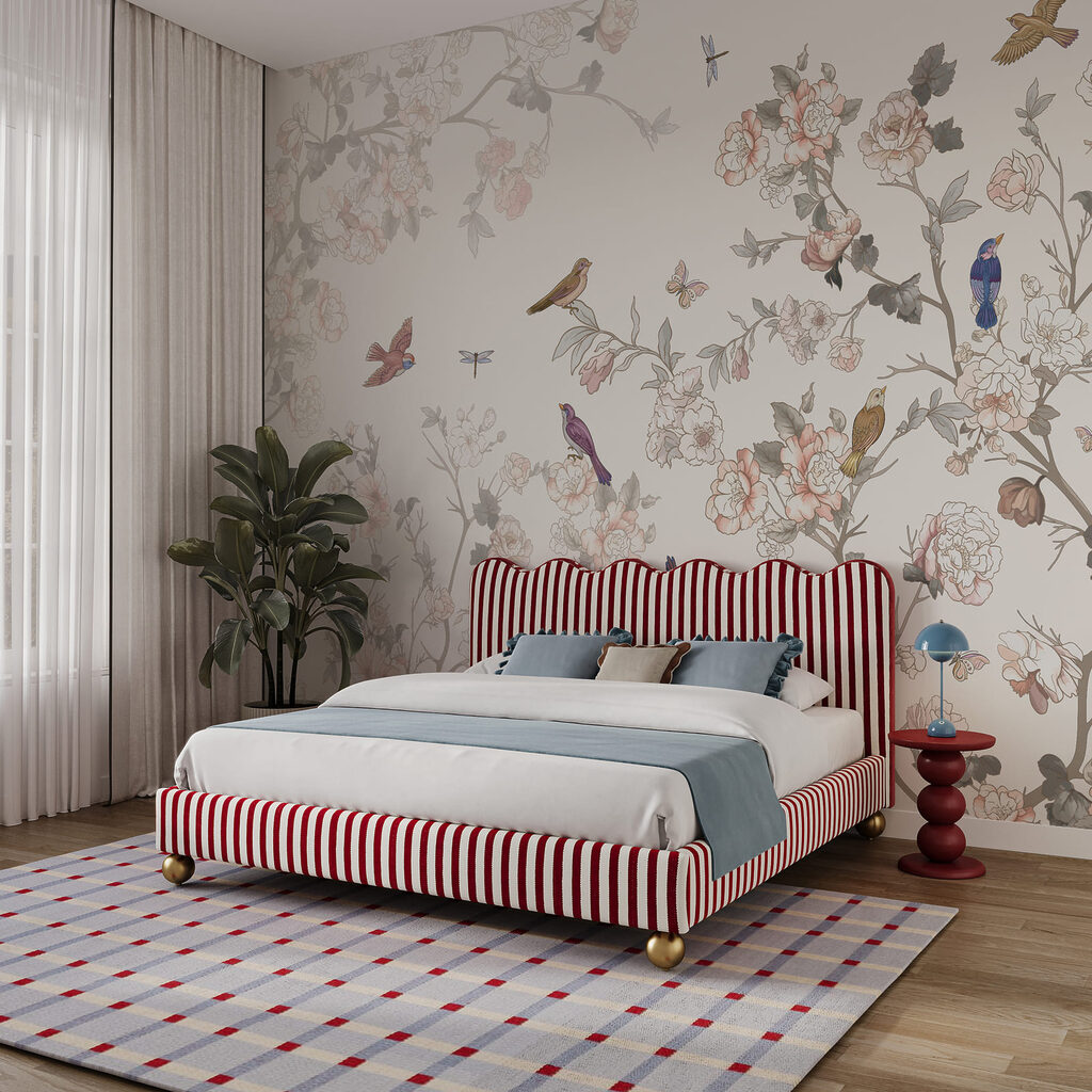Pájaros entre trazos florales en un interior