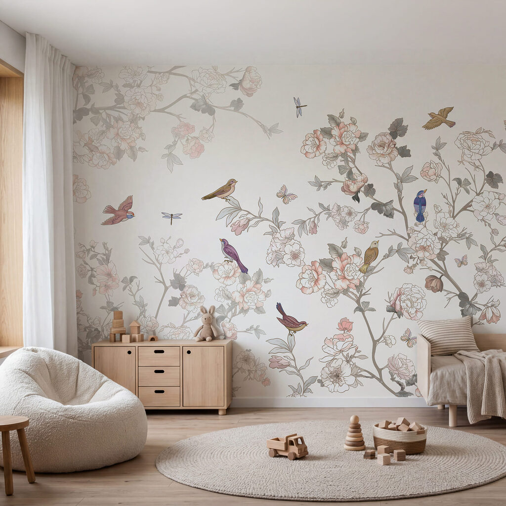 Pájaros entre trazos florales — interior 3