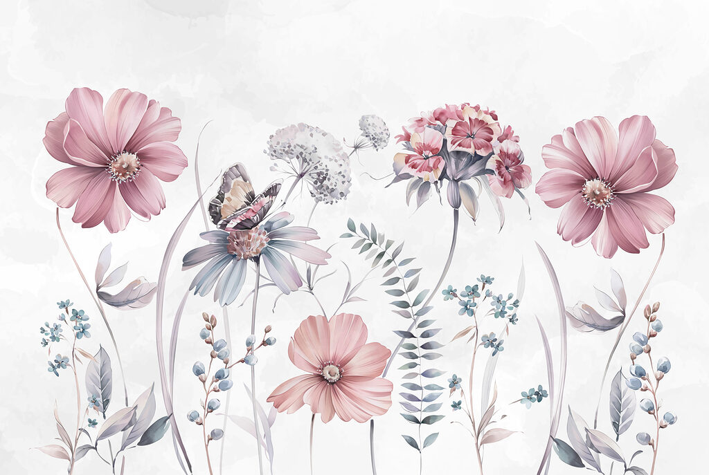 Flores silvestres con mariposa — diseño completo