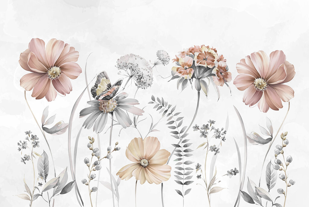 Flores silvestres con mariposa — diseño completo