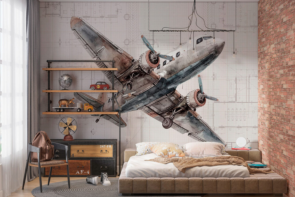 Avión antiguo en boceto en un interior