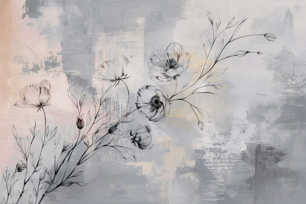 Ramas floridas en gris — diseño completo