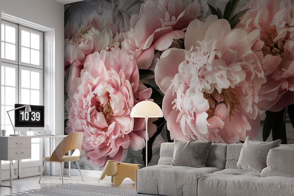 Flores rosas sobre verde en un interior